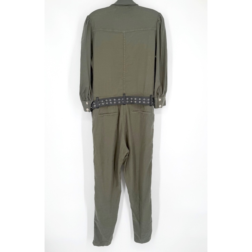The Kooples Jeans Utility Jumpsuit Olive Green Linen Blend Belted Snap Front 2 M - Picture 7 of 16